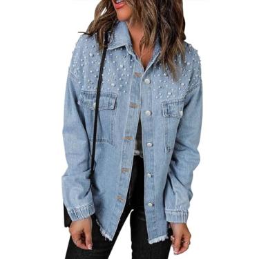 Imagem de Paintcolors Camisa jeans feminina com botões, manga comprida, casual, com bolso desgastado, blusa de cambraia, Azul_c43, G