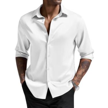 Imagem de Runcati Camisa social masculina de cetim de seda de manga comprida com botões de luxo para festas de negócios, Branco, G