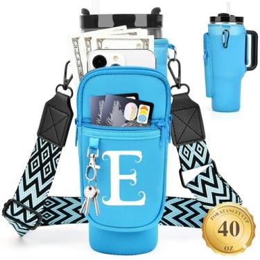 Imagem de LOKASS Suporte de garrafa de água personalizado com alça para acessórios Stanley Cup Tumbler de 1,134 g, bolsa de transporte inicial para garrafa de água com bolso para telefone, para mulheres, ideal