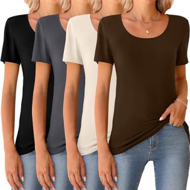 Imagem de Riyiper 4 peças camisetas femininas de manga curta gola redonda básica casual camisetas femininas básicas leves de verão, Preto, cinza escuro, creme, marrom, GG