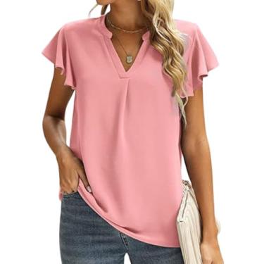 Imagem de Blusa de chiffon sofisticada, camiseta de chiffon com decote em V esvoaçante de manga curta (Pink,Large)