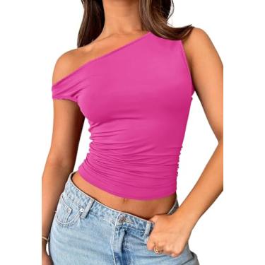 Imagem de MEROKEETY Regata feminina de verão com ombros de fora, caimento justo, sem mangas, sexy, para sair, camisetas justas Y2K, rosa, M