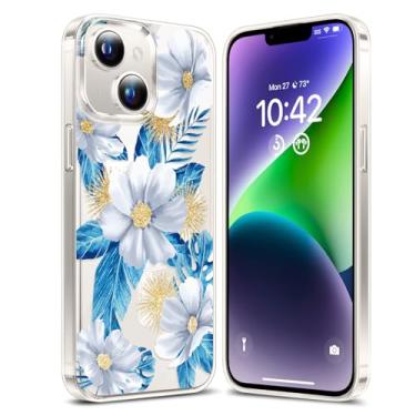 Imagem de YSLBWLE Capa magnética para iPhone 14 transparente, [compatível com magnético] Capa magnética fina e de proteção de nível militar flor azul 25-ip14-06