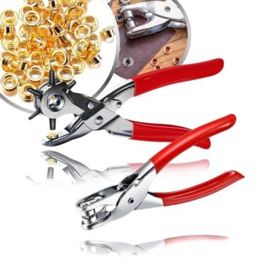 Imagem de Kit Alicate Prensador + 100 Ilhós + Alicate Vazador 6 Bicos Couro Pregar Colocar Bolsa Calça Enfeite Coleira Chinelo Fixador Aplicador