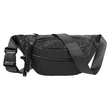 Imagem de Pochete feminina moderna de couro trançado bolsa de cinto casual bolsa de cintura bolsa de peito bolsa transversal com alça ajustável, Preto, One size