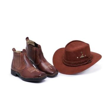 Imagem de Kit Botina Chapéu Masculina Couro Legitimo Cowboy Country Roça Boiada 