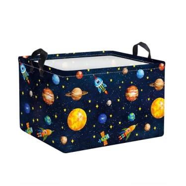 Imagem de Clastyle Cesto de prateleira planeta espaço sideral preto estrelas foguete cósmico brinquedo berçário caixa de armazenamento dobrável retangular roupas livros cubo, 21 L