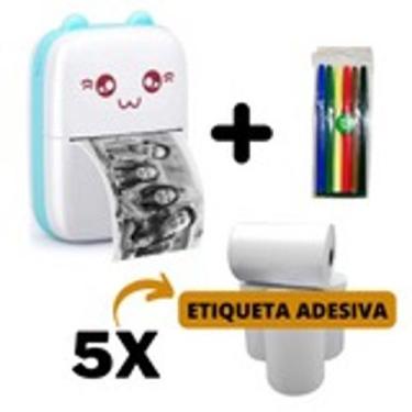 Imagem de Mini Impressora Térmica Portátil Gatinho Azul + 5 Rolos Adesivos + 1 K