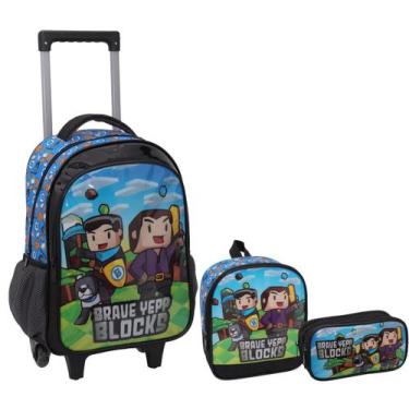 Imagem de Kit Mochila Infantil Estojo e Lancheira Blocks Menino Yepp - 6322, Azu