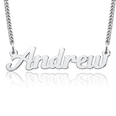 Imagem de LuxglitterLin Colar com nome personalizado com letras escritas, corrente de elos cubanos, joias de presente de Natal para mulheres e homens, Metal, Cristal sintético