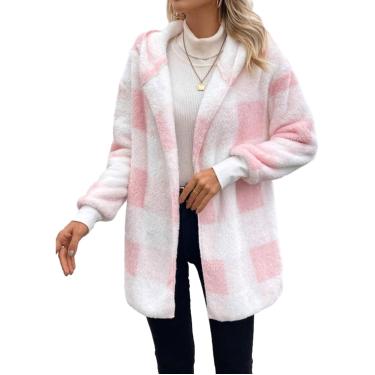 Imagem de Feminino oversized sherpajacet casual manga longa xadrez fuzzy velo forrado hoodies cardigan camisolas casacos, rosa, l