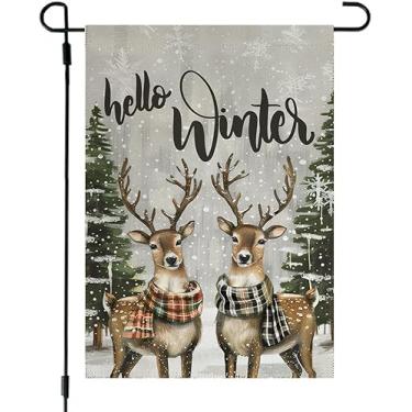 Imagem de Bandeira de jardim de inverno Hello - Bandeira de jardim de rena - bandeiras de casa de quintal sazonal de boas-vindas - Bandeira de jardim de Natal - Bandeira externa - Decoração de porta da frente -