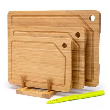 Imagem de Tábua de corte de bambu para cozinha, conjunto de 3 tábuas de corte de bambu com ranhura de suco, tábua de cortar dupla face, tábua de servir com orifício para pendurar carne, legumes e queijo
