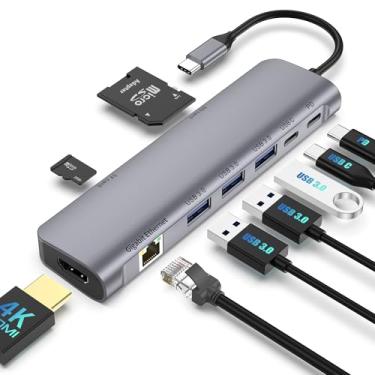 Imagem de Adaptador multiportas USB C 9 em 1 com HDMI 4K, Gigabit Ethernet, 3 portas USB 3.0, carregamento PD de 100 W, porta de dados USB-C, leitor de cartão SD/TF, estação de ancoragem USB C para MacBook