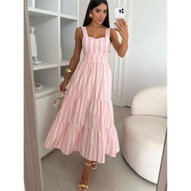 Imagem de Vestido Midi Feminino Manga Regata alça alcinha Viscolinho Listrado Amarracao nas costas-Feminino