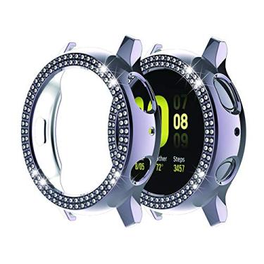 Imagem de Compatível com Galaxy Watch Active 2 40 mm 44 mm com diamante de linha dupla e revestimento de policarbonato com diamantes de cristal brilhantes e armação de glitter capa rígida protetora, Cinza, Active 2 40mm