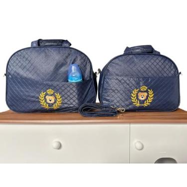 Imagem de Kit 2 Bolsa Maternidade Menino Impermeável Bebê Azul Bordada + Alça Gr