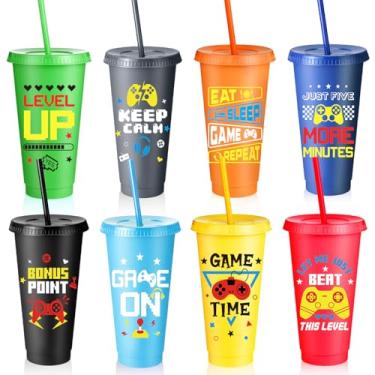 Imagem de Potchen 8 peças de copos de plástico para jogos de videogame com tampas e canudos, copo reutilizável para jogos divertidos, lembrancinhas de festa de aniversário (coloridas)