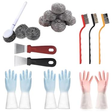 Imagem de HPLRZXI Kit de limpeza de cozinha, 3 pares de luvas de limpeza domésticas reutilizáveis à prova d'água, 6 esfregadores de lã de aço com alça, conjunto de 5 escovas de limpeza de fendas.