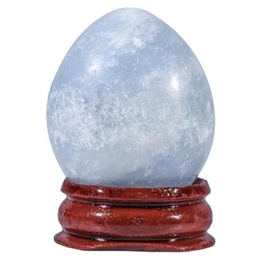 Imagem de Rockcloud Natural Blue Celestite Crystal Egg Sphere with Wood Stand, Polished Stone Egg Figurine Ornament Decoration for Meditation, 30-39mm