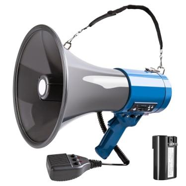 Imagem de MyMealivos Megafone com sirene Bullhorn 50 Watt – Alto-falante Bullhorn com microfone removível, alça leve portátil e entrada auxiliar de 3,5 mm – voz profissional ao ar livre para polícia e líder de torcida (azul escuro)