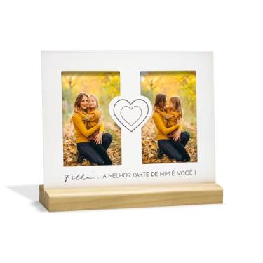 Imagem de Porta-Retrato Duplo Filha 10x15cm – Aço e Madeira Natural – Ideal para Presentear e Decorar – Branco/Preto Fosco e Nogueira – Geguton