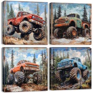 Imagem de Arte de parede colorida em tela de caminhão monstro verde floresta impressão imagem para decoração de quarto de meninos montanha Hot Wheels veículo decoração de parede crianças adolescentes homens