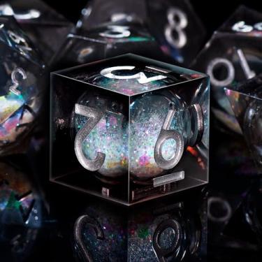 Imagem de AUSTOR Liquid Core DND Dice Set, 7-Die Sharp Edge Polyhedral Dice Quicksand Handmade Resin Dices for Dungeons and Dragons RPG MTG Table Games, Black, Silver