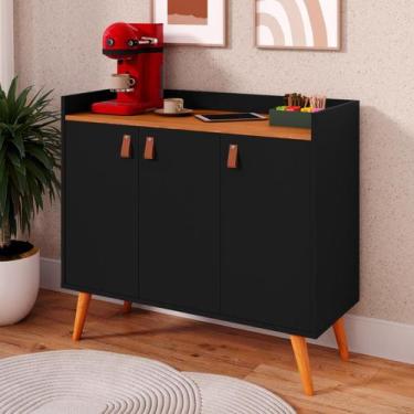 Imagem de Aparador Sala Buffet 3 Portas Lara Pés Palito Cor Preto / Freijó - MJM