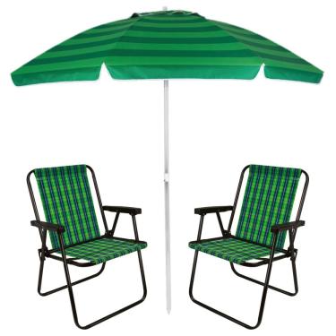 Imagem de Kit 2 Cadeiras Xadrez Aço Oliva + Guarda Sol Alumínio Articulado 2 Metros Verde Mor