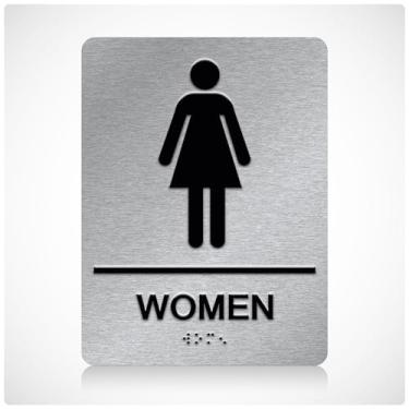 Imagem de ADA Placa Braille feminina de banheiro para negócios com fita dupla face 3M - Placa de banheiro masculina de alumínio 15 x 20 cm para escritórios e restaurantes
