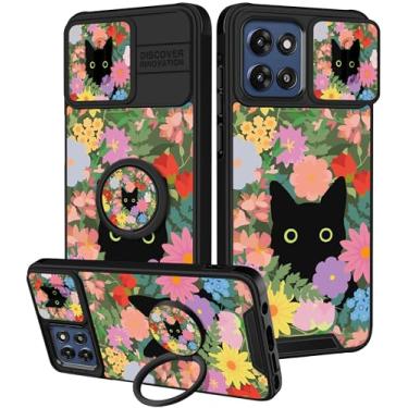 Imagem de Funermei Capa para Moto G Stylus 5G 2025 - Capa de telefone feminina bonita estética gato preto floral design exclusivo com capa de câmera e suporte de anel Funda para Motorola G Stylus 5G 2025