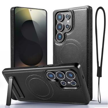 Imagem de Moment Dextrad Capa preta de couro magnético para Samsung Galaxy S25 Ultra, suporte embutido, compatível com MagSafe, alça de silicone, proteção interna de TPU, capa fina à prova de choque