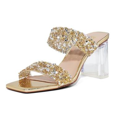 Imagem de GENSHUO Salto alto grosso para mulheres, moderno, confortável, sem cadarço, bico aberto, salto bloco, duas alças, frente única, mules, Ouro e strass, 36