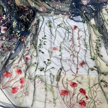 Imagem de Delicado tecido de renda floral com 3 metros bordado folhas florais tule para vestido de formatura cor marinha