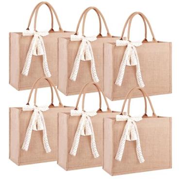Imagem de 6 sacolas de estopa a granel, sacolas reutilizáveis de juta com alças 38 x 29 x 14 cm, bolsa grande de serapilheira natural em branco com fita, bolsa de juta de praia à prova d'água para compras