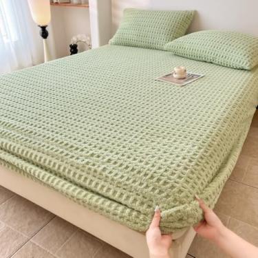 Imagem de Lençóis de cama com elástico com waffle espesso, quente, protetor de colchão simples, de veludo, macio, para solteiro, queen casal, verde-90 x 200 cm (apenas capa de colchão)
