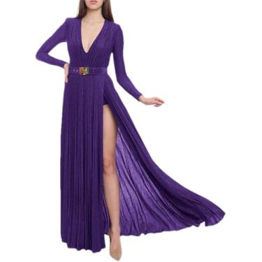 Imagem de Plissado Sólido Profundo Decote Em V Vestido De Noite Feminino Com Cinto Com Cinto De Manga Comprida Vestido De Baile, Dark Purple, S