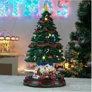 Imagem de Árvore de Natal Decorativa com Trem Giratório, Verde e Dourado, Base Musical Iluminada LED, 49,2 x 24,5 cm, Movimento Sobe e Desce