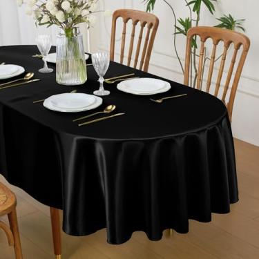 Imagem de Cobedzy Toalha de mesa oval de cetim preto 152 x 213 cm, lavável para uso interno/externo, capa de mesa de tecido resistente a manchas para fazenda, jantar, cozinha, casamento, banquete, festa