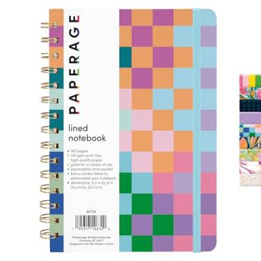 Imagem de PAPERAGE Caderno de diário espiral forrado, (arco-íris xadrez), 160 páginas, médio 14 x 20 cm - papel grosso de 100 g/m², capa dura, diário espiral de fio duplo e caderno