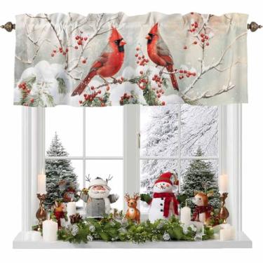 Imagem de Cortina de Natal Pássaros Cardeal Pássaros Cortina de Cozinha Sanefas Bolso Varão Vermelho Berry Cortina de Janela Tratamento Cortinas Curtas Topper para Cozinha, Banheiro, Sala de Estar, 1 Painel