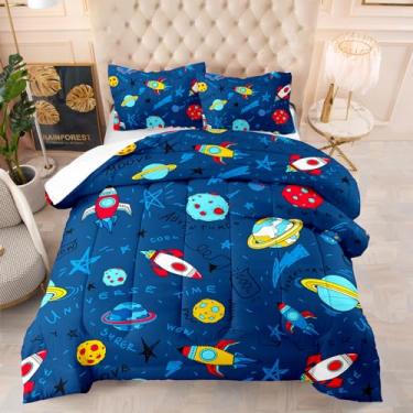 Imagem de DYcolor Conjunto de edredom com texto simples, planeta, desenho animado, cosmos azul, 1 edredom e 2 fronhas para crianças, adolescentes e adultos, solteiro/queen (azul, Queen)