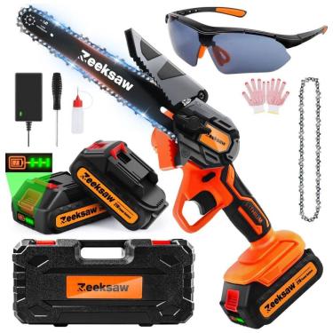 Imagem de Mini Motosserra Elétrica sem Fio com 2 Baterias 21V para Poda de Galhos, 900W, Zeeksaw, Laranja