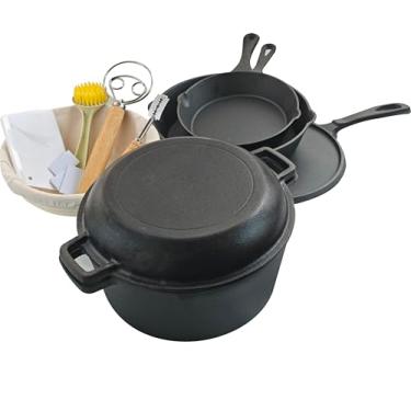 Imagem de Forno holandês de ferro fundido temperado 2 em 1 - com frigideira de ferro fundido, conjunto de 3 peças, forma de forno de pão, cesta à prova de pão Banneton para assar em casa