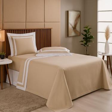 Imagem de Jogo de Lençol Casal Queen King 4 Peças Percal 300 Fios 100% Algodão - Toque Acetinado Suave e Confortável – Enxoval Cama Casa (Caqui, King)