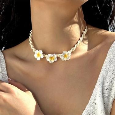 Imagem de 1 colar em forma de concha de flor, trançado à mão, estilo boho praia, gargantilha com pingente floral delicado, joia de contas de semente costeira para o verão (branco e amarelo)