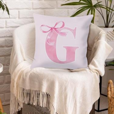 Imagem de Capa de almofada Coquette moderna com laço rosa preppy inicial personalizada para meninas adolescentes presentes monograma fronha pautada para faculdade capa de almofada de poliéster para sofá, sala
