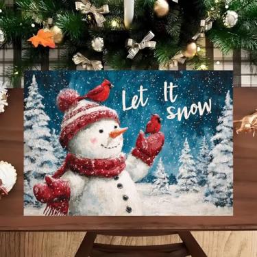 Imagem de Jogo americano de mesa de Natal 29 x 43 cm – Tapetes reutilizáveis de Natal com boneco de neve em chapéu vermelho e design Let It Snow para jantar, café e decoração de cozinha