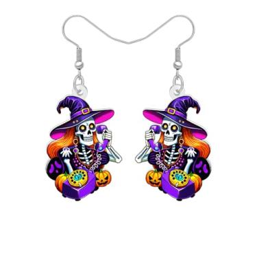 Imagem de Brincos pendentes de caveira de esqueleto de terror de acrílico para mulheres, chapéu de bruxa assustador, estilo gótico, bijuteria peculiar de Halloween, Medium, Acrílico Aço inoxidável, Sem pedra